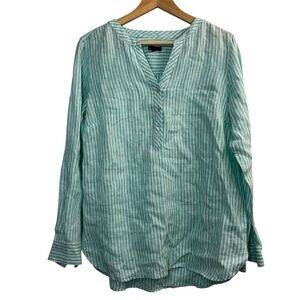 Talbots Top Medium Coastal Quiet Luxury Lagenlook Boho Striped Linen Roll Tab M